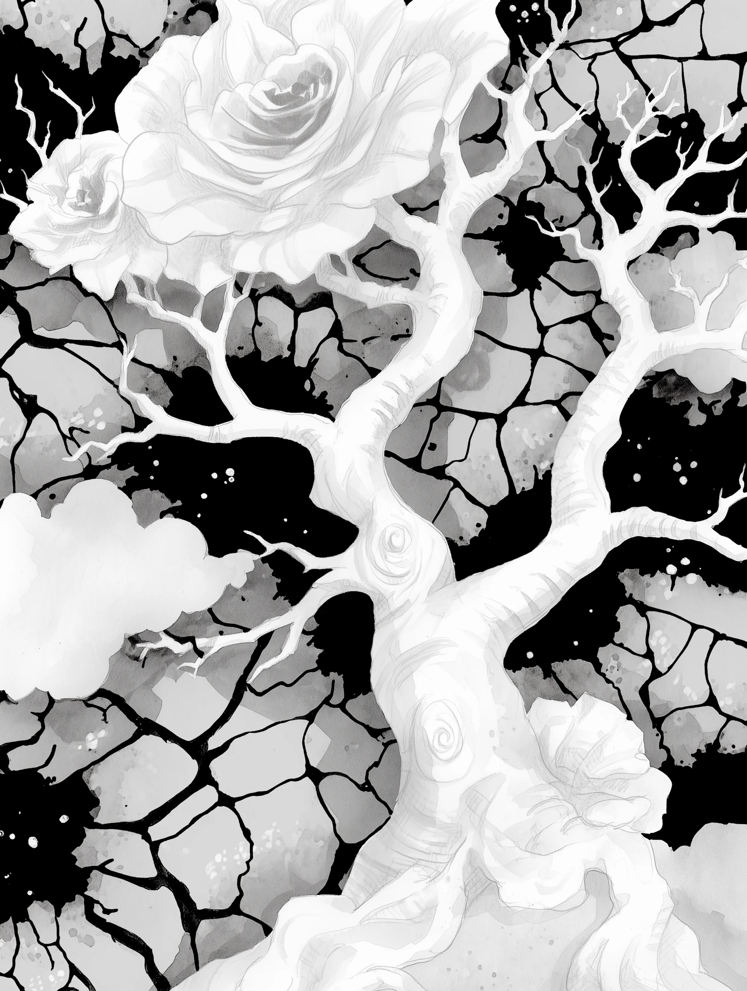 Free printable dead tree coloring page for adults featuring a vast dead tree with flowers